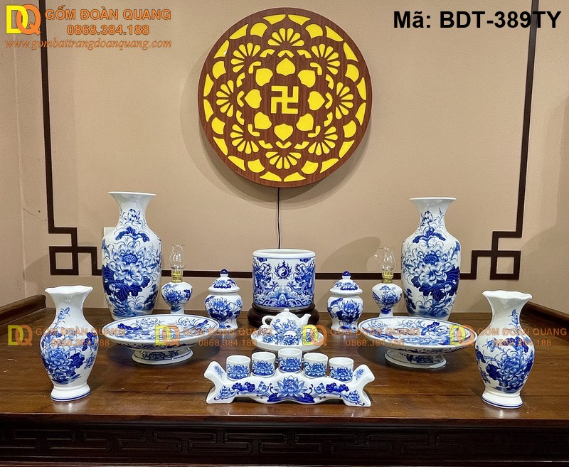 Bộ đồ thờ sứ Bát Tràng men lam cổ điển mã BDT-389TY