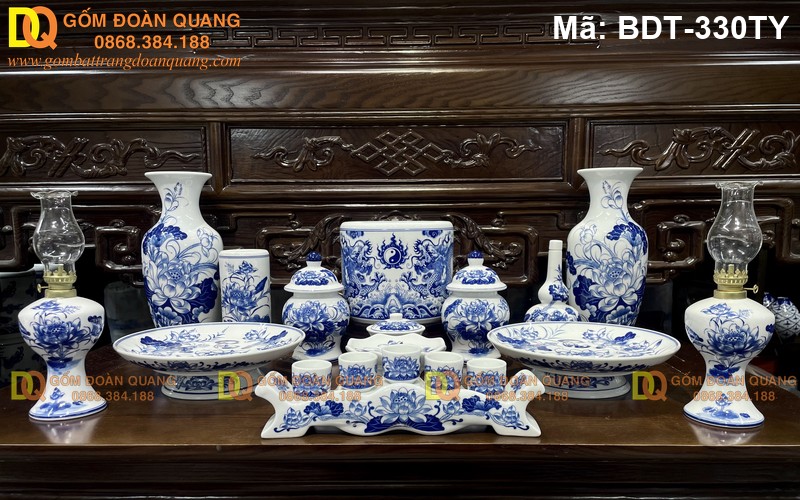 Bộ đồ thờ sứ Bát Tràng men lam sang trọng mã BDT-330TY