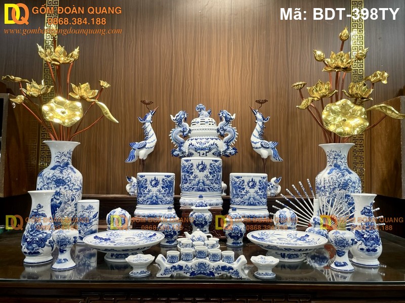 Bộ đồ thờ sứ men lam truyền thống tinh xảo mã BDT-398TY