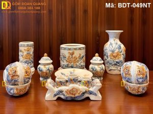 Bộ đồ thờ sứ men rạn cao cấp đắp nổi sen 1 bát nhang mã BDT-049NT