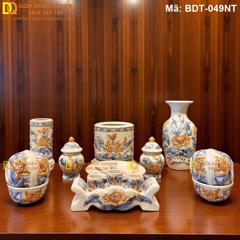 Bộ đồ thờ sứ men rạn cao cấp đắp nổi sen 1 bát nhang mã BDT-049NT - Ảnh 2