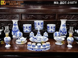Bộ đồ thờ sứ trắng vẽ men lam mã BDT-318TY