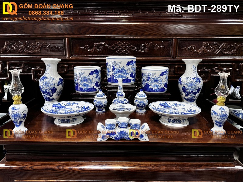 Bộ đồ trên bàn thờ Bát Tràng men lam thờ Phật Quan Âm mã BDT-289TY