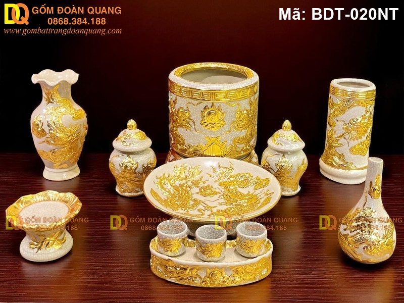 Bộ đồ trên bàn thờ đẹp men rạn đắp nổi mạ vàng cảnh Rổng mã BDT-020NT - Ảnh 2