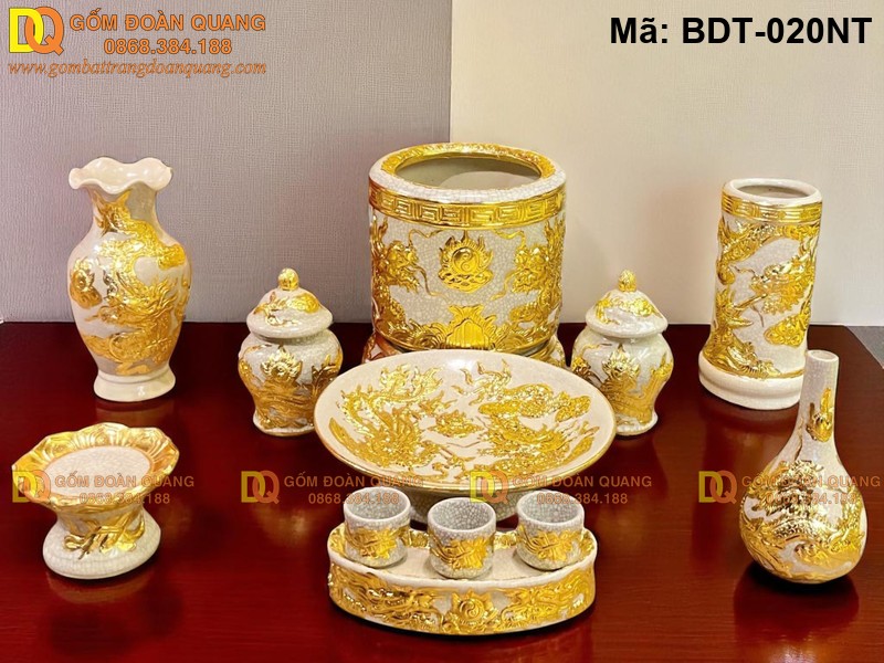 Bộ đồ trên bàn thờ đẹp men rạn đắp nổi mạ vàng cảnh Rổng mã BDT-020NT - Ảnh 3