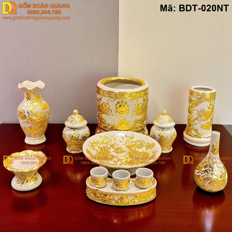 Bộ đồ trên bàn thờ đẹp men rạn đắp nổi mạ vàng cảnh Rổng mã BDT-020NT - Ảnh 4