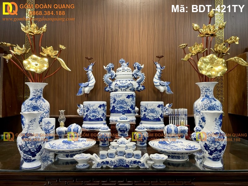 Bộ thờ gốm Bát Tràng mẫu men lam đẹp mã BDT-421TY