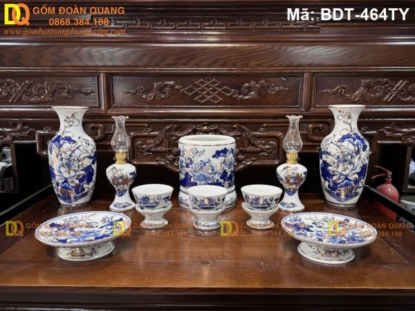Bộ thờ gốm sứ Bát Tràng vẽ sen mạ vàng 24K mã BDT-464TY
