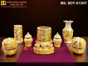 Đồ bàn thờ cúng 1 bát hương mạ vàng cảnh Rồng mã BDT-013NT