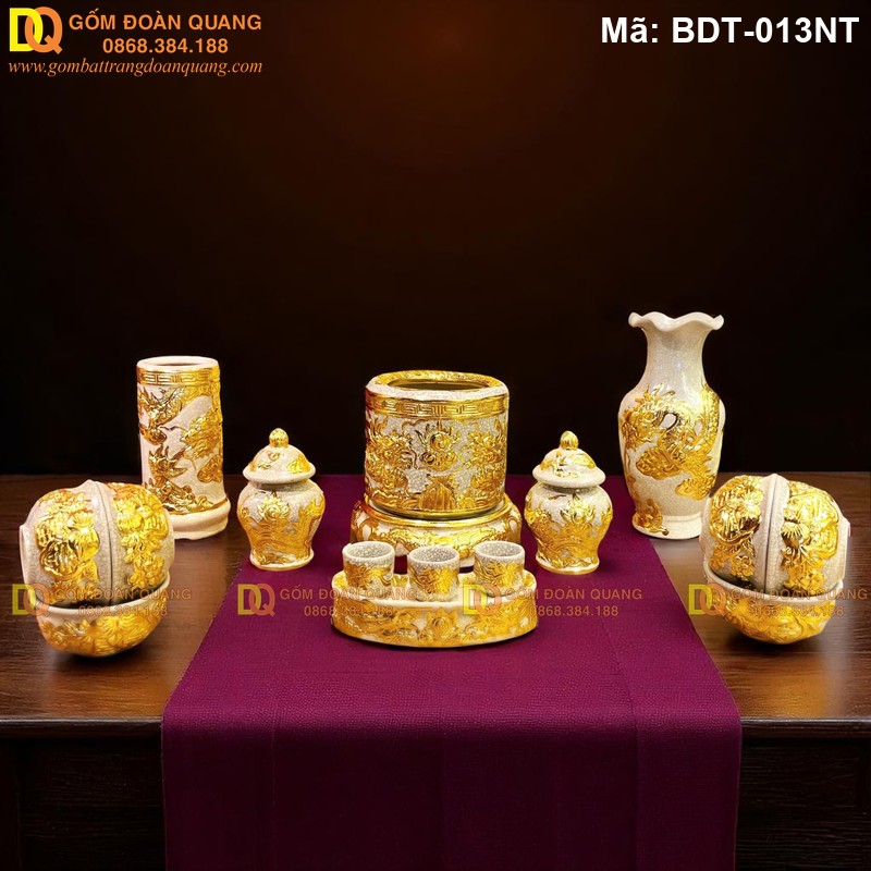 Đồ bàn thờ cúng 1 bát hương mạ vàng cảnh Rồng mã BDT-013NT - Ảnh 2