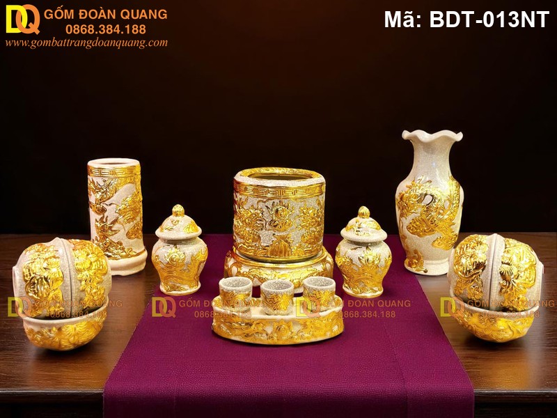 Đồ bàn thờ cúng 1 bát hương mạ vàng cảnh Rồng mã BDT-013NT