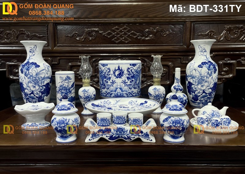 Đồ thờ bằng gốm sứ men lam vẽ tay mã BDT-331TY