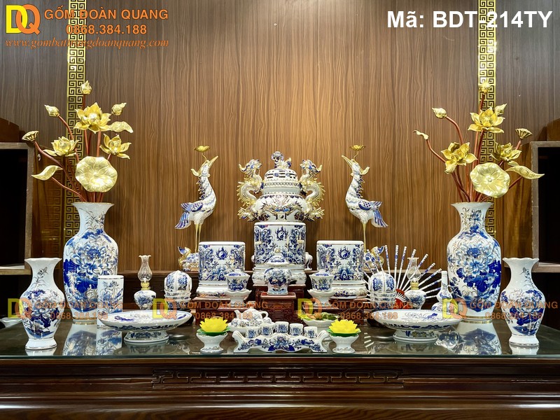 Đồ thờ bằng sứ men lam cổ kính mã BDT-214TY