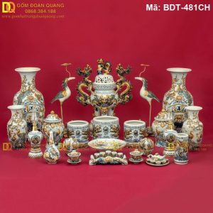 Đồ thờ Bát Tràng bộ đầy đủ men rạn đắp nổi mã BDT-481CH