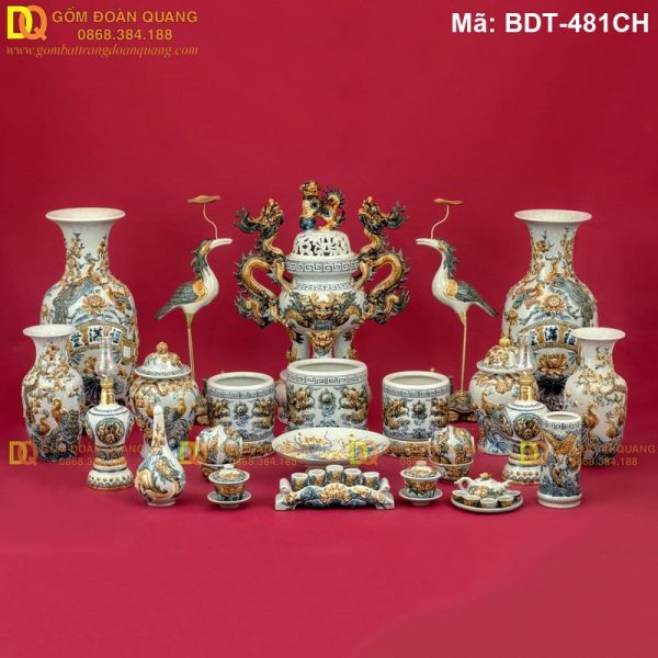 Đồ thờ Bát Tràng bộ đầy đủ men rạn đắp nổi mã BDT-481CH