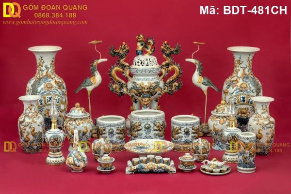 Đồ thờ Bát Tràng bộ đầy đủ men rạn đắp nổi mã BDT-481CH - Ảnh 2