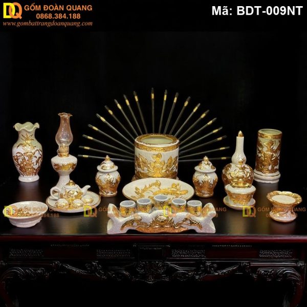 Đồ thờ Bát Tràng đắp nổi Sen dát mạ vàng mã BDT-009NT - Ảnh 2