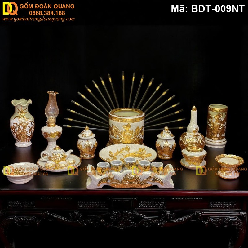 Đồ thờ Bát Tràng đắp nổi Sen dát mạ vàng mã BDT-009NT - Ảnh 2