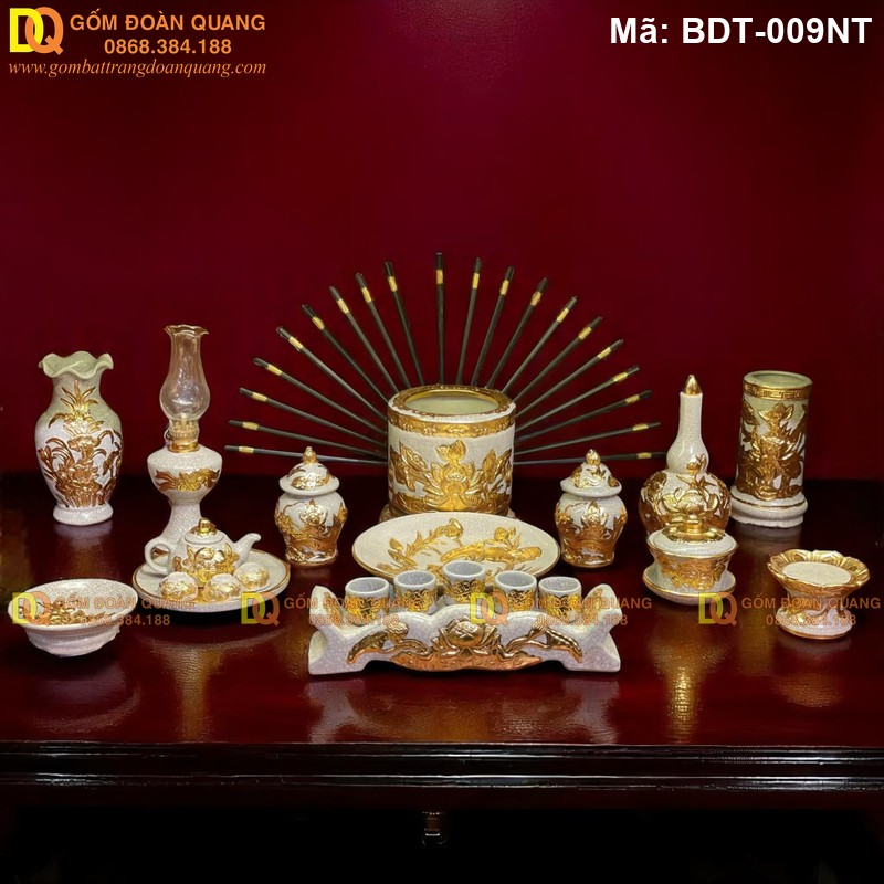 Đồ thờ Bát Tràng đắp nổi Sen dát mạ vàng mã BDT-009NT - Ảnh 3