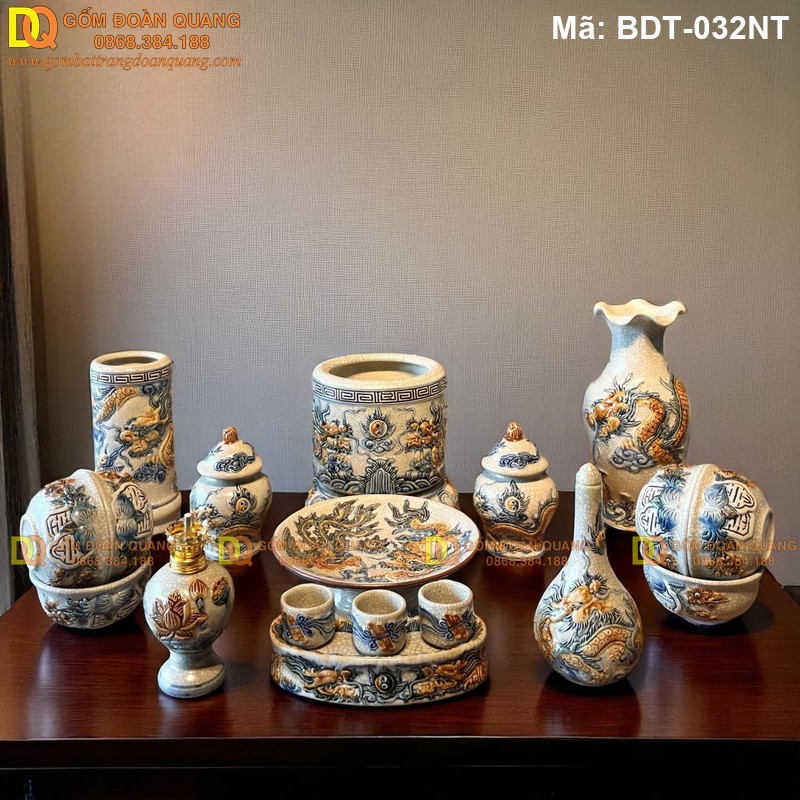 Dồ thờ cúng bằng gốm sứ Bát Tràng bộ Rồng 1 Bát hương mã BDT-032NT - Ảnh 2