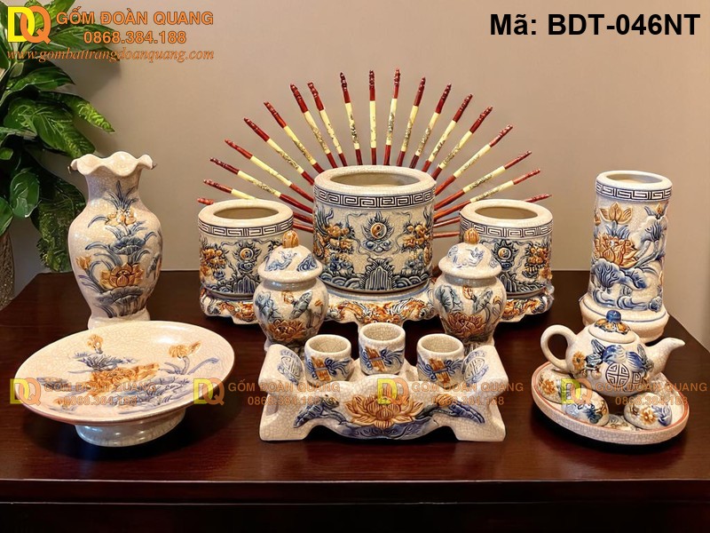 Đồ thờ cúng bằng sứ đẹp tinh xảo men rạn đắp nổi mã BDT-046NT