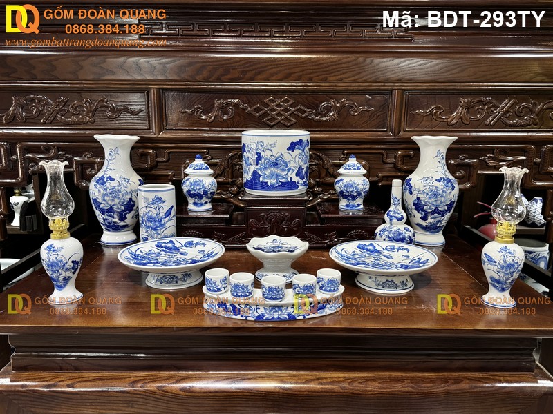 Đồ thờ cúng Bát Tràng cảnh Sen men xanh lam mã BDT-293TY