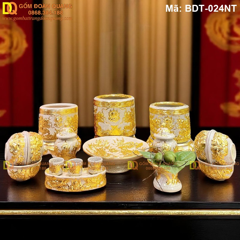 Đồ thờ cúng Bát Tràng mạ dát vàng bộ 3 bát nhang mã BDT-024NT - Ảnh 2
