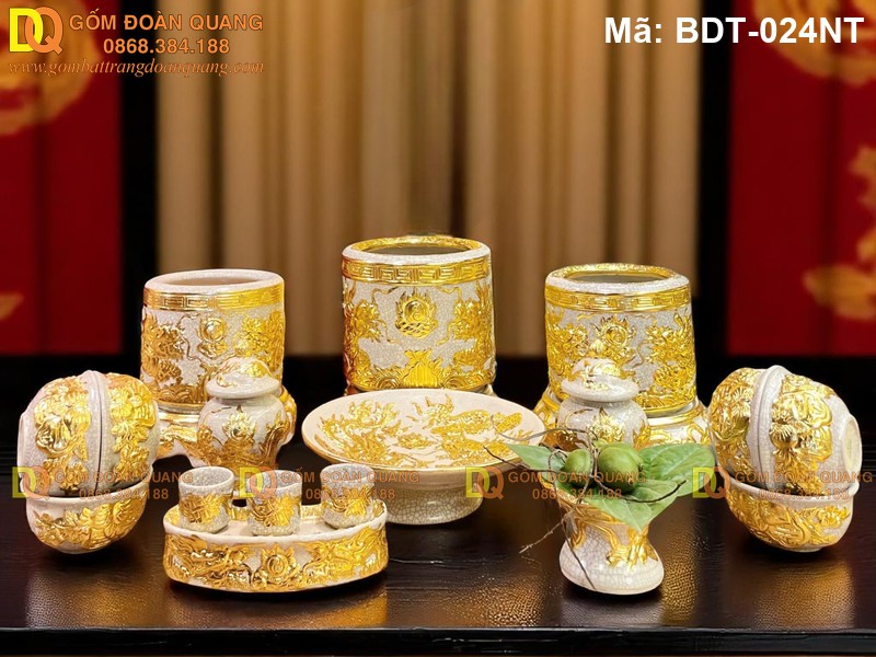 Đồ thờ cúng Bát Tràng mạ dát vàng bộ 3 bát nhang mã BDT-024NT