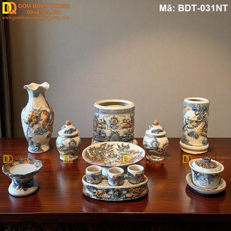 Đồ thờ gốm Bát Tràng cao cấp bộ đắp Rồng 1 bát hương mã BDT-031NT - Ảnh 2