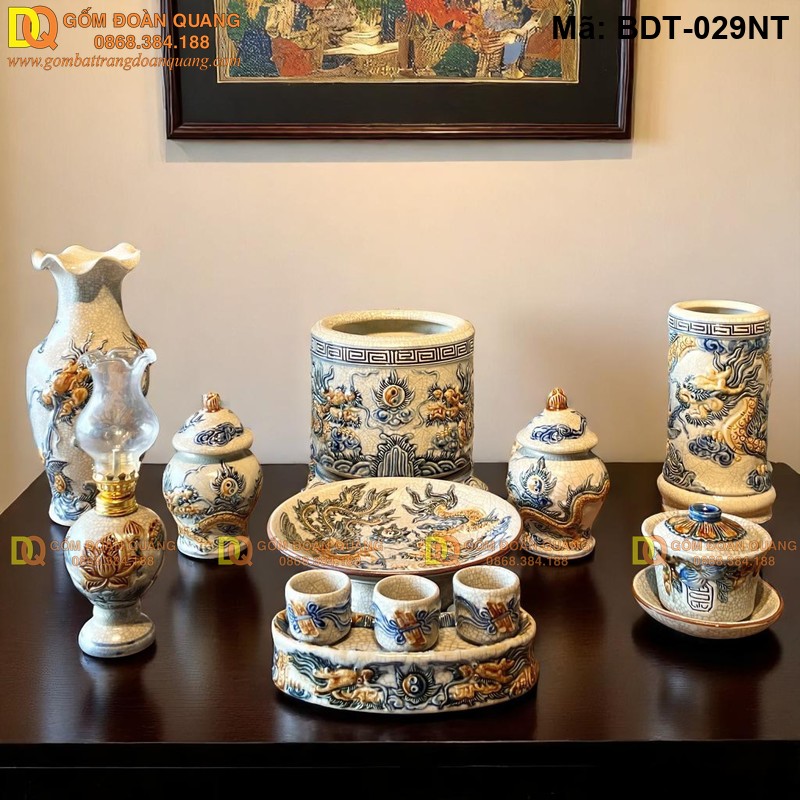 Đồ thờ gốm sứ Bát Tràng bộ 1 bát nhang men rạn nổi mã BDT-029NT - Ảnh 2