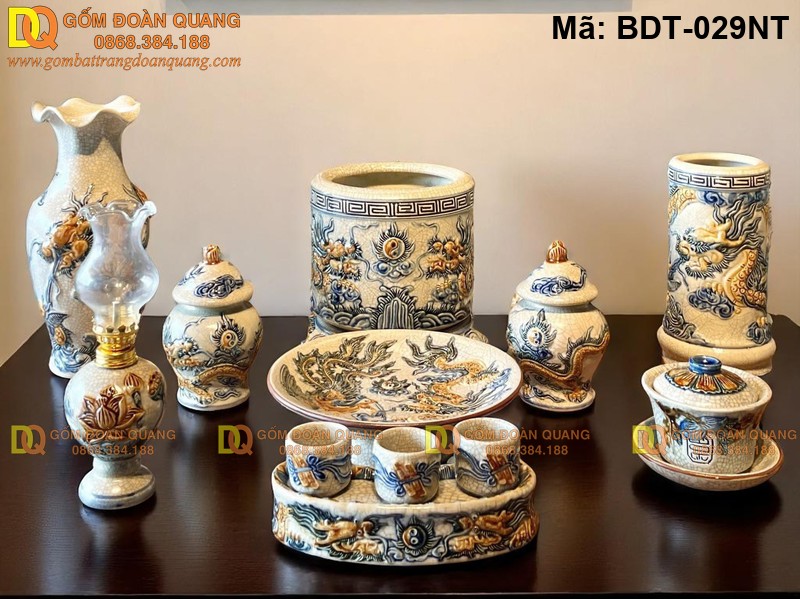 Đồ thờ gốm sứ Bát Tràng bộ 1 bát nhang men rạn nổi mã BDT-029NT