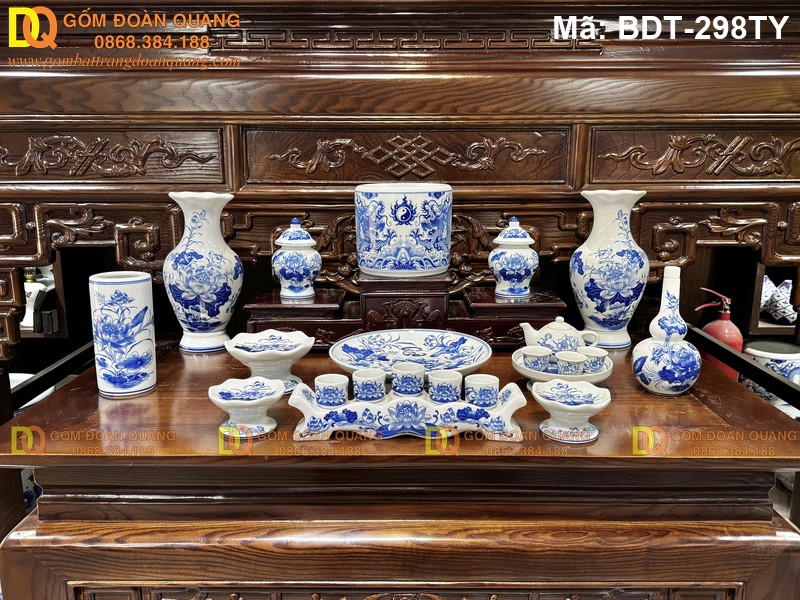 Đồ thờ gốm sứ xanh lam cao cấp chuẩn Bát Tràng mã BDT-298TY