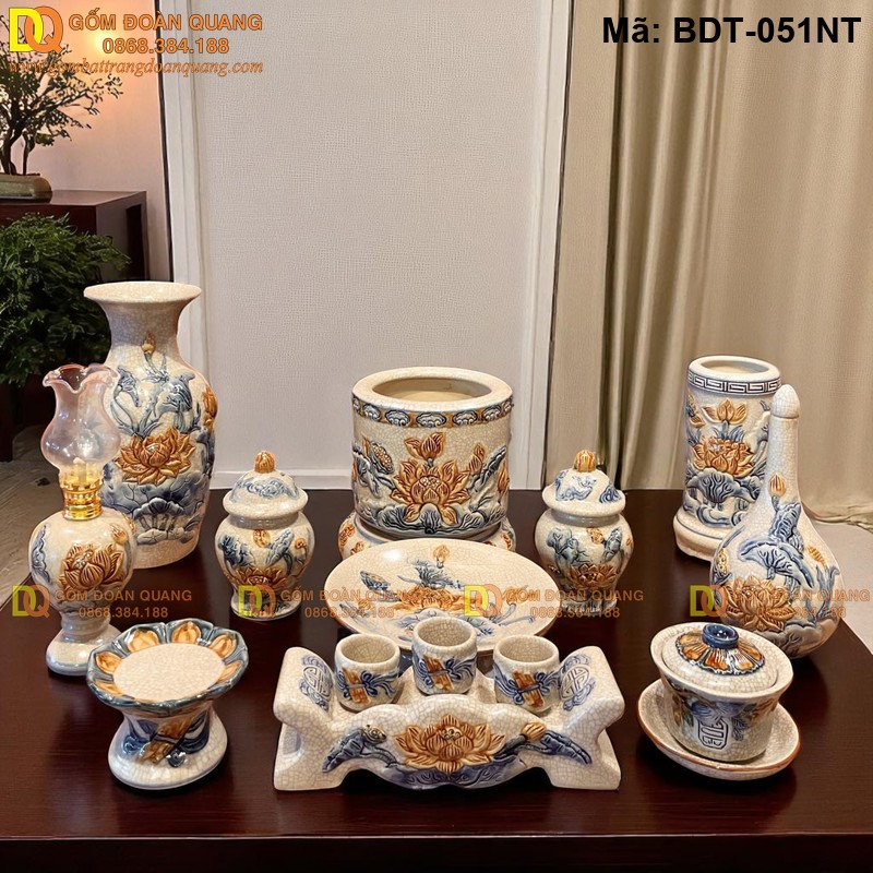 Đồ thờ sứ Bát Tràng chính gốc đẹp men rạn đắp nổi mã BDT-051NT - Ảnh 2