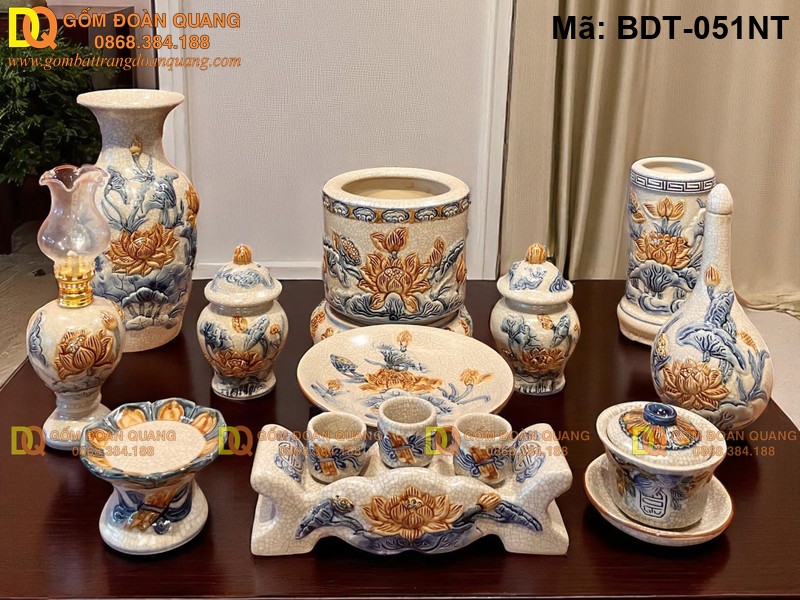 Đồ thờ sứ Bát Tràng chính gốc đẹp men rạn đắp nổi mã BDT-051NT