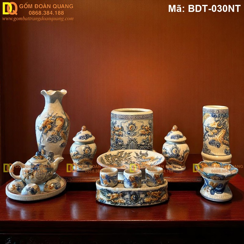 Giá bộ đồ thờ gốm Bát Tràng mẹn rạn đắp nổi mã BDT-030NT - Ảnh 2