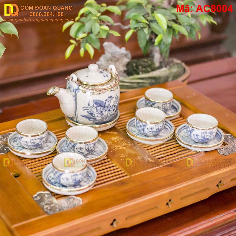 Bộ ấm chén men rạn họa tiết hoa lá phù hợp mệnh Thủy