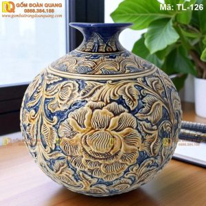 Bình chiêu tài lộc khắc nổi hoa mẫu đơn mã TL-126