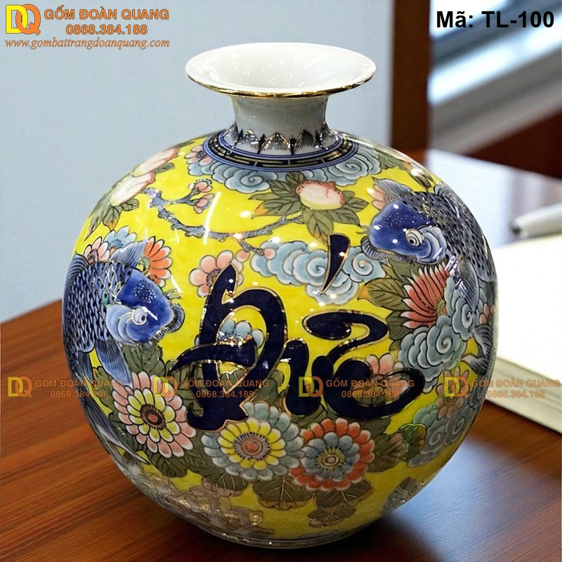 Bình gốm hút tài lộc chữ Đức mã TL-100