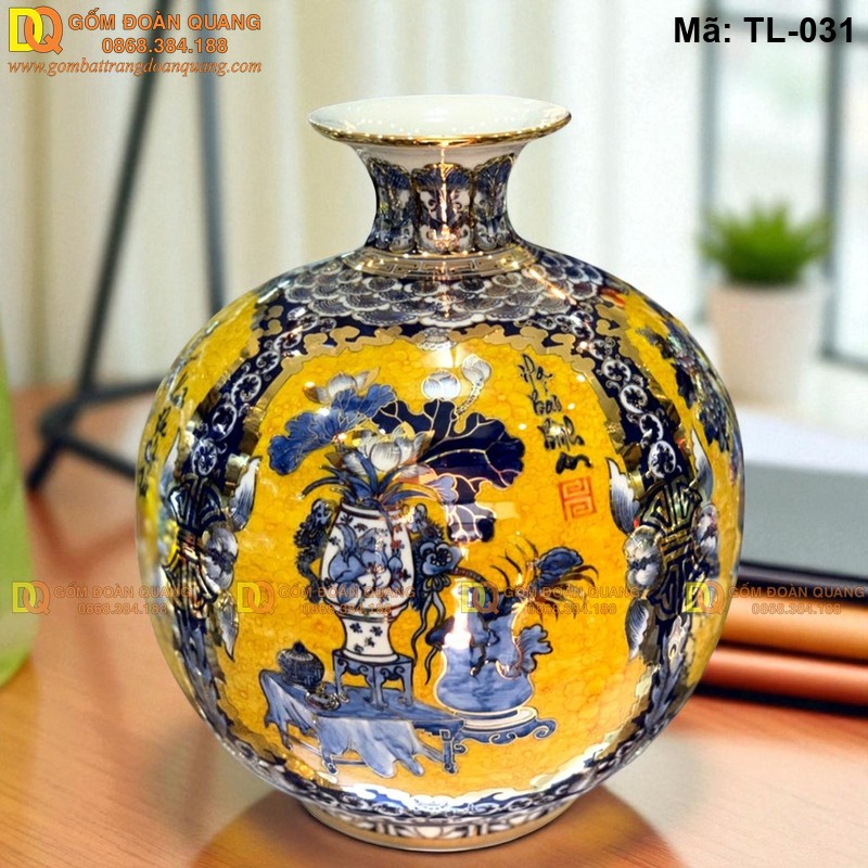 Bình gốm hút tài lộc nền vàng vẽ tứ cảnh mã TL-031 – Ảnh 2
