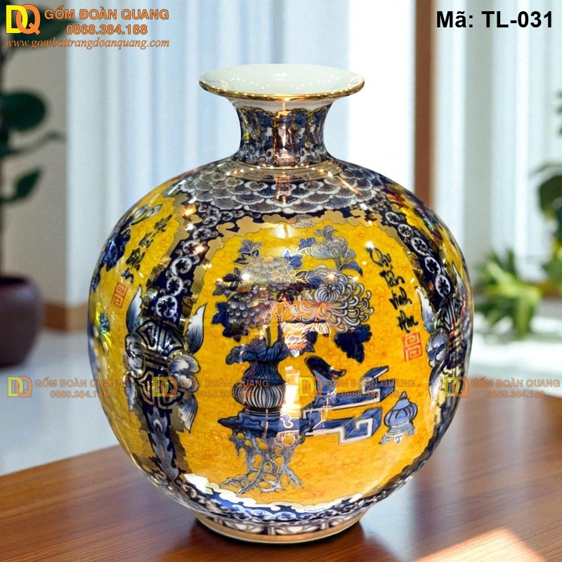 Bình gốm hút tài lộc nền vàng vẽ tứ cảnh mã TL-031 – Ảnh 3