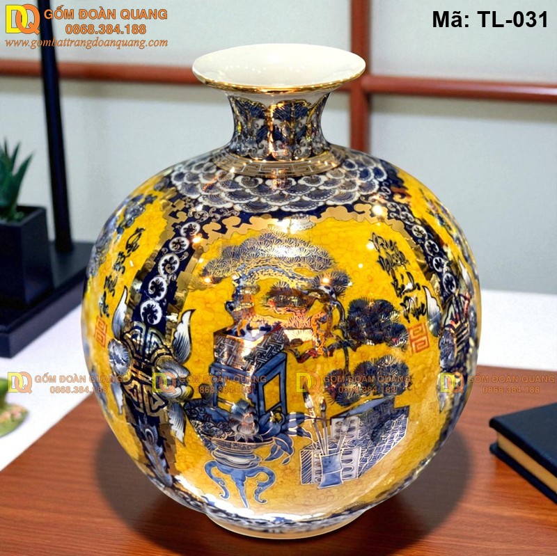 Bình gốm hút tài lộc nền vàng vẽ tứ cảnh mã TL-031 – Ảnh 4