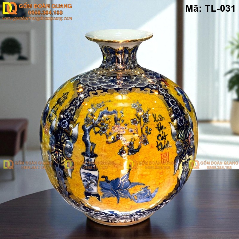 Bình gốm hút tài lộc nền vàng vẽ tứ cảnh mã TL-031