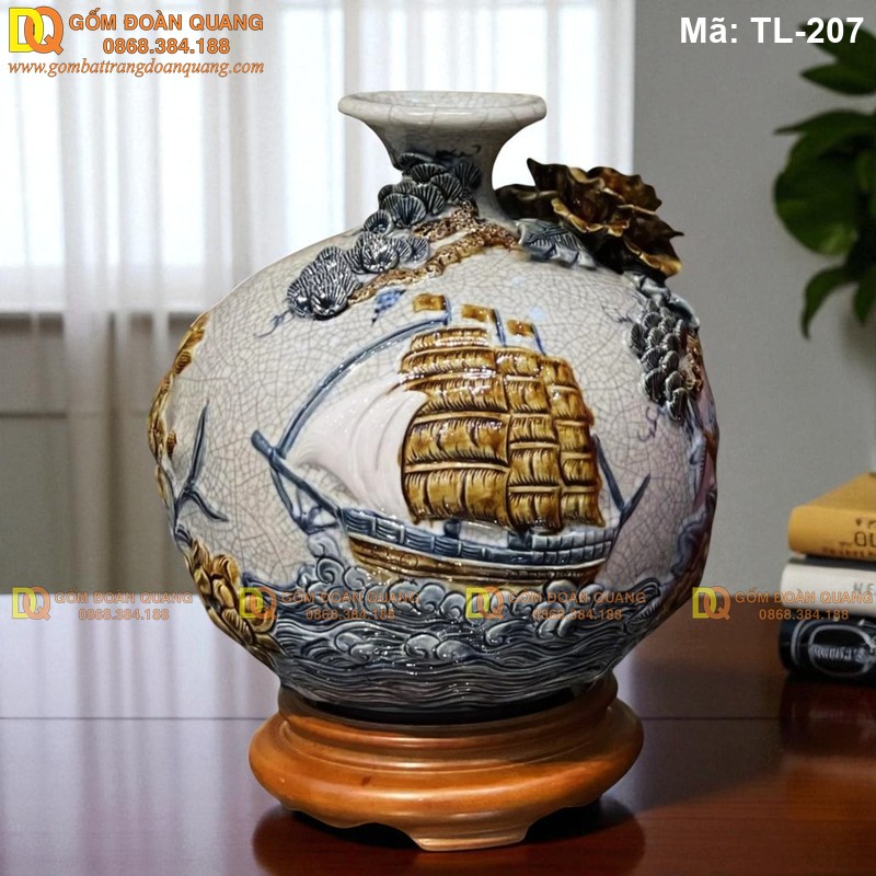 Bình hút lộc men rạn đắp nổi Thuyền Buồm mã TL-207