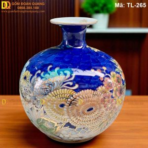 Bình hút lộc vẽ Vạn Hoa Khai Phú Quý nền xanh dương cao 24cm mã TL-265