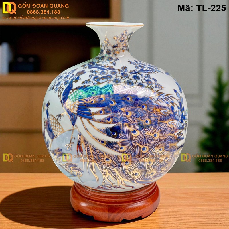 Bình hút tài lộc cao 33cm cảnh Chim Công Hoa Đào mã TL-225