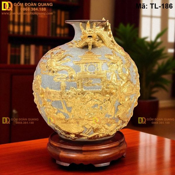 Bình hút tài lộc cao cấp dát vàng cảnh Cá chép hóa Rồng mã TL-186