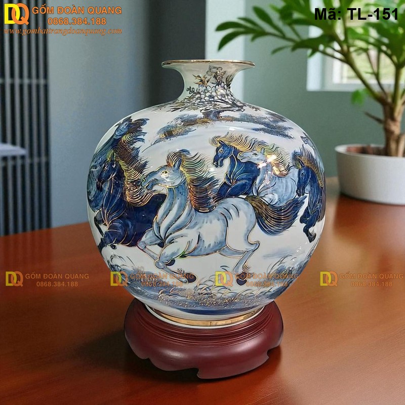 Bình hút tài lộc gốm Bát Tràng vẽ Bát Mã mã TL-151