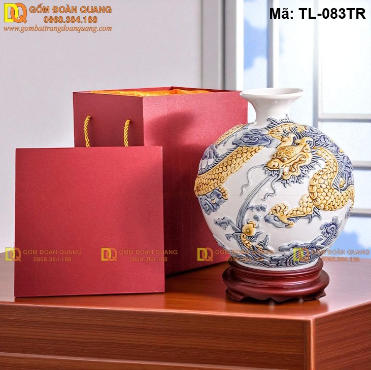 Bình hút tài lộc màu Trắng đắp nổi Rồng mã TL-083TR
