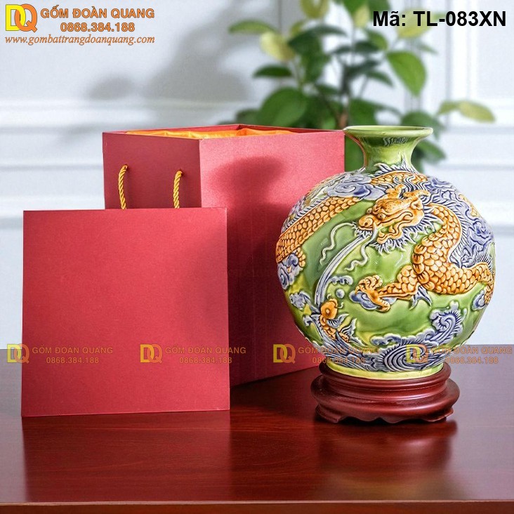 Bình hút tài lộc màu Xanh Ngọc đắp nổi Rồng mã TL-083XN