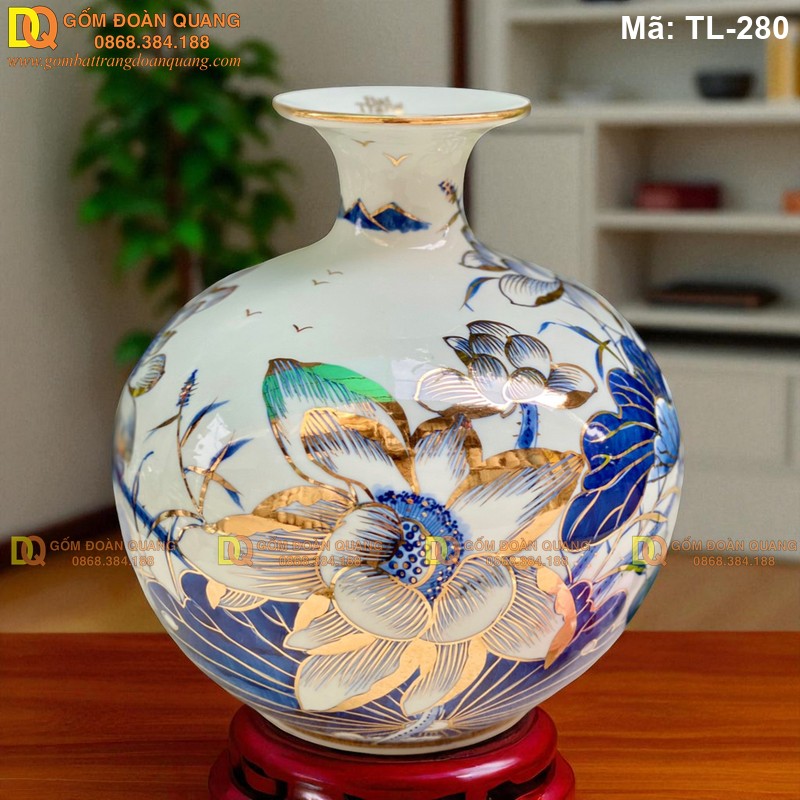 Bình hút tài lộc vẽ mạ vàng cảnh hoa Sen cao 24cm mã TL-280